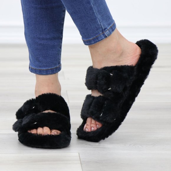 Black Puff Fuzzy Fluffy Slip On Plush Slippers Double Strap - Picture 15 of 16